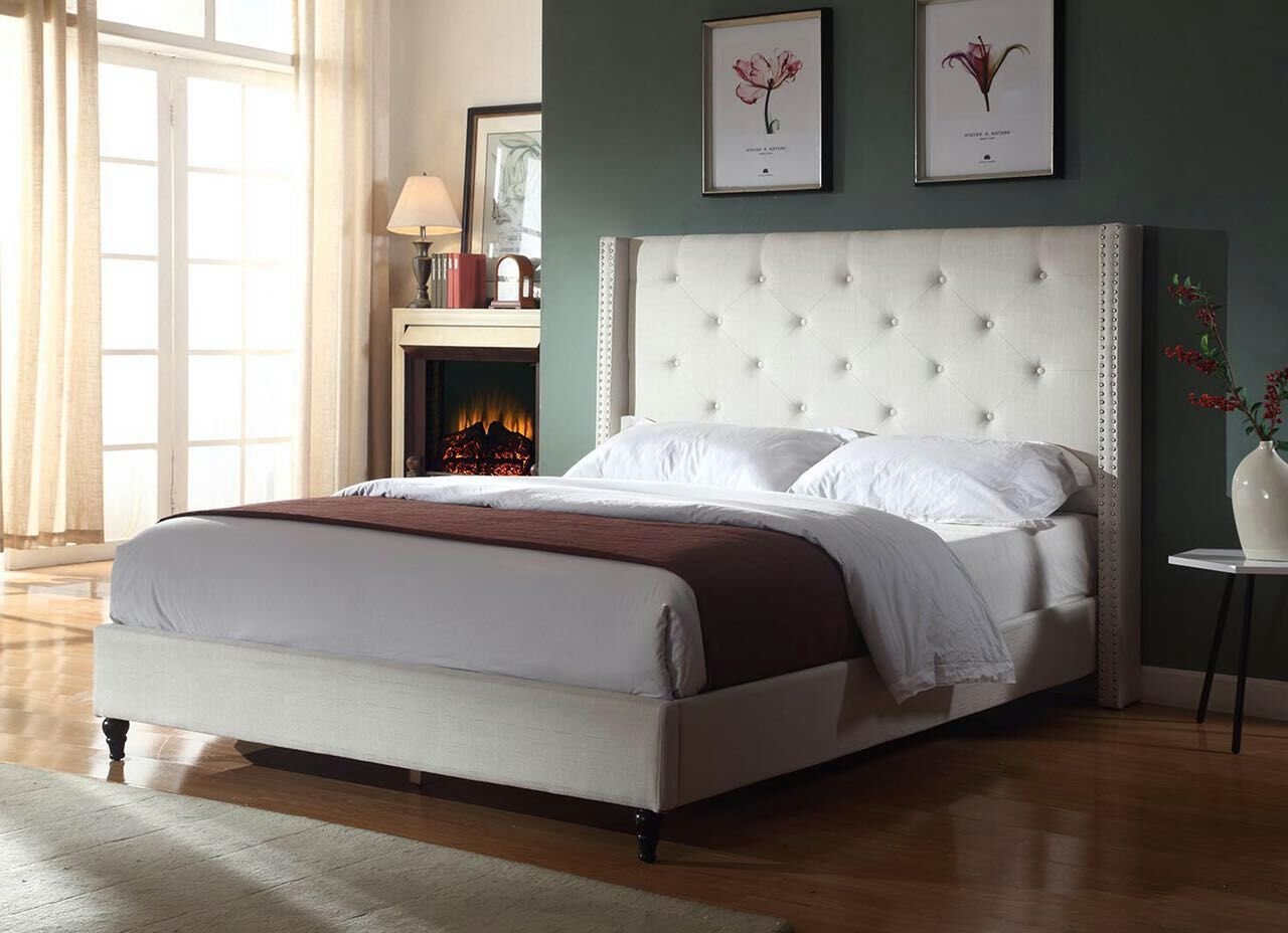 Classics Cloth Light Beige Cream Linen 51" Tall,Bed Frames