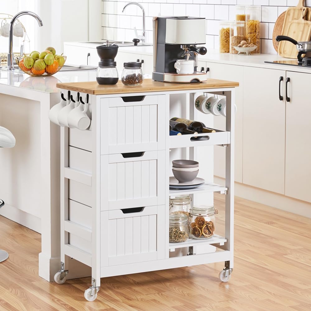 Kitchen Island Cart on Wheels with Bamboo Countertop