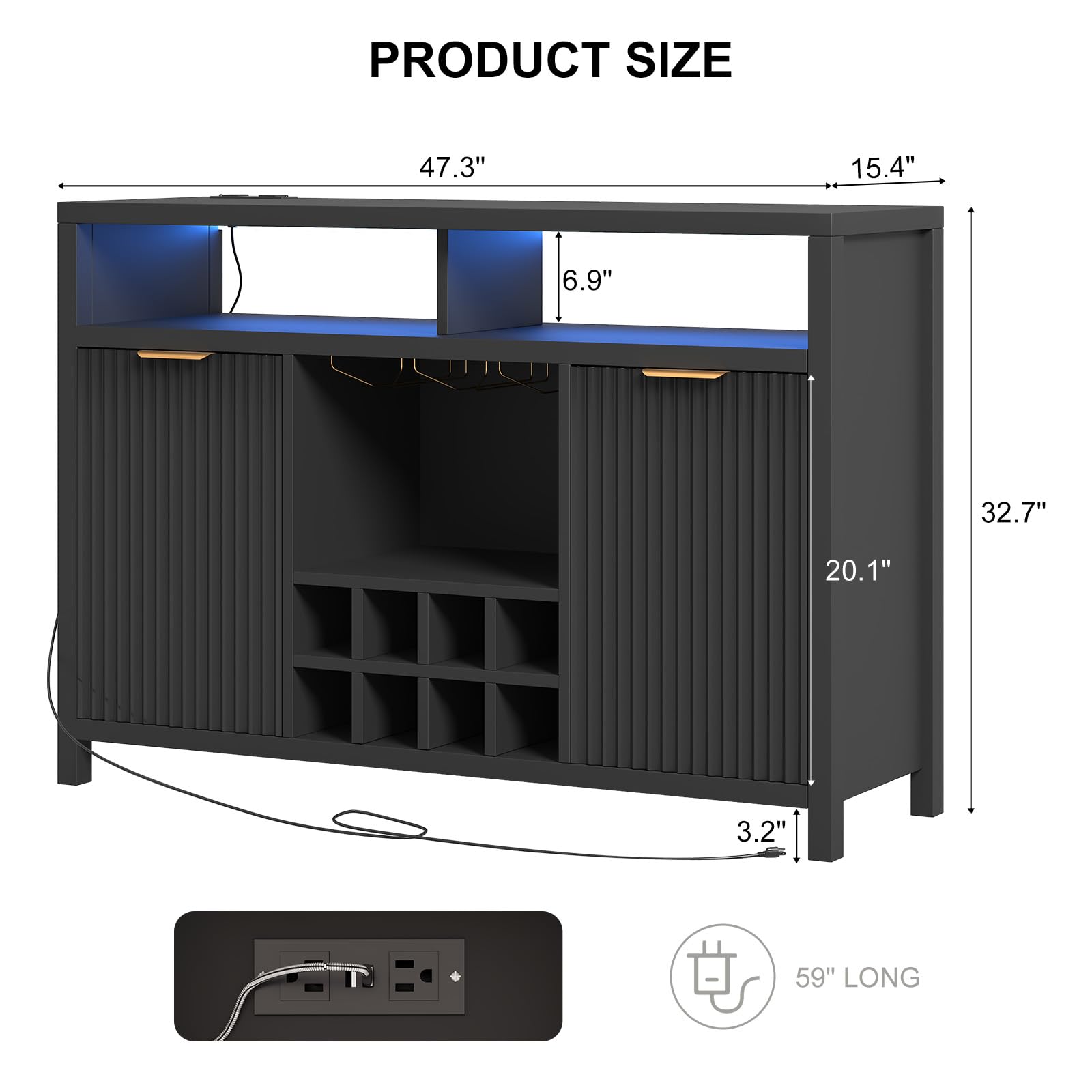 Fluted Home Bar Wine Cabinet with LED Light, Charging Station, Wine Rack - Buffet Cabinet with Storage, Coffee Bar Table, Stylish Fluted Credenza Cabinet for Modern Home Kitchen 47.2" Black