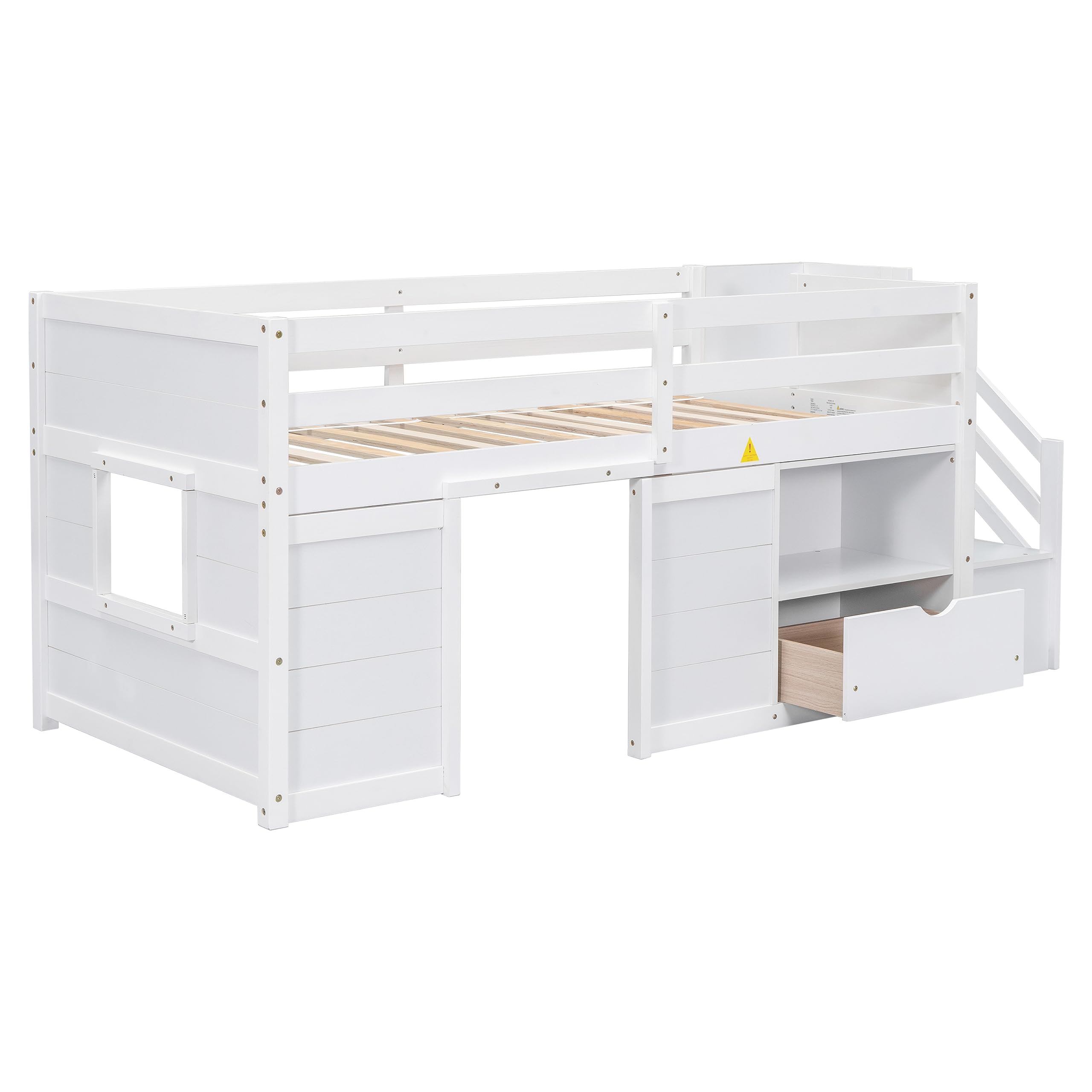 Twin Size Low Loft Bed with Playhouse, Loft Bed Frame with Drawer