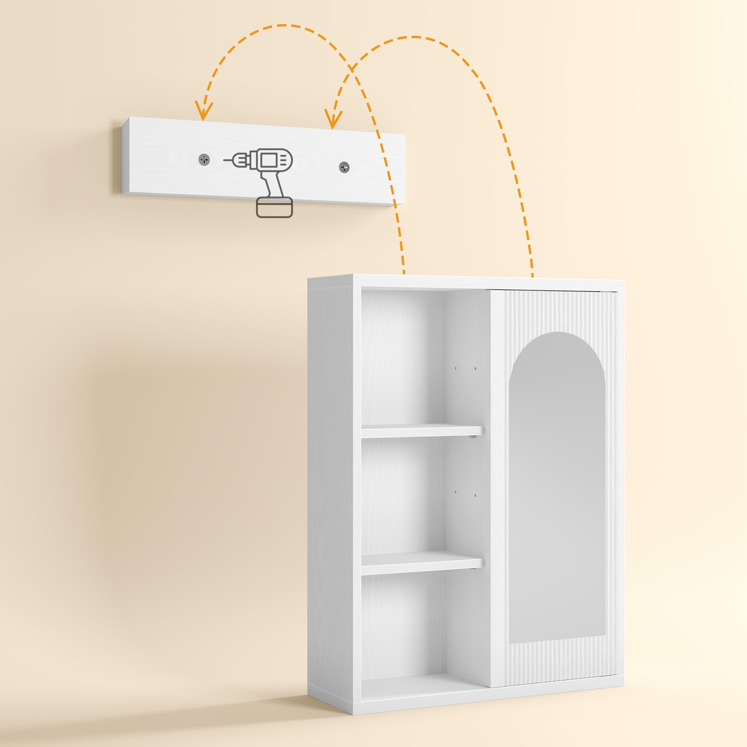 20’’x26’’ Medicine Cabinet, Bathroom Cabinet Wall Mounted with Fluted Door & Arch Mirror