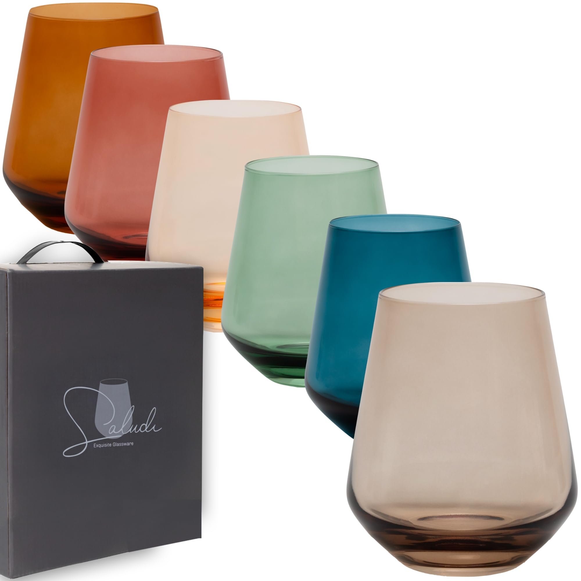 Glasses, 16.5oz (Set of 6) Stemless Multi-Color Wine and Water Glas