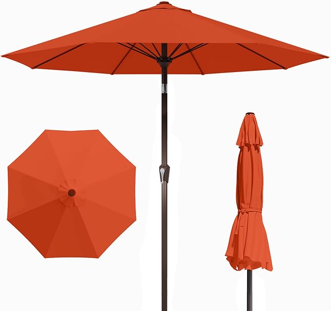 9FT Patio Umbrella Outdoor with Auto-Tilt Crank & 8 Sturdy Fiberglass Ribs