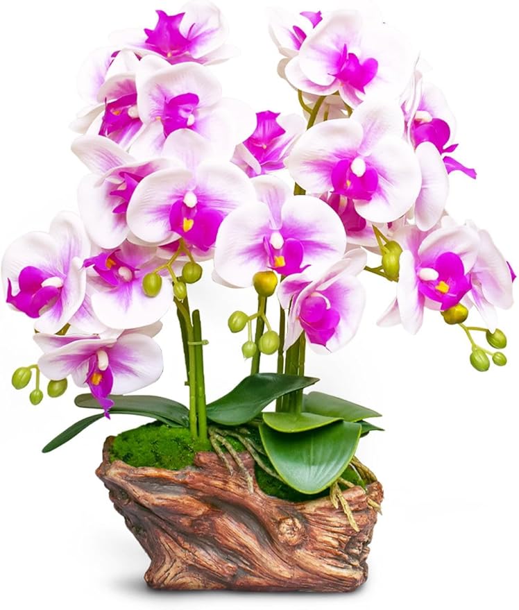 Realistic Orchid Artificial Flower Arrangement with Bamboo Ceramic Pot, White