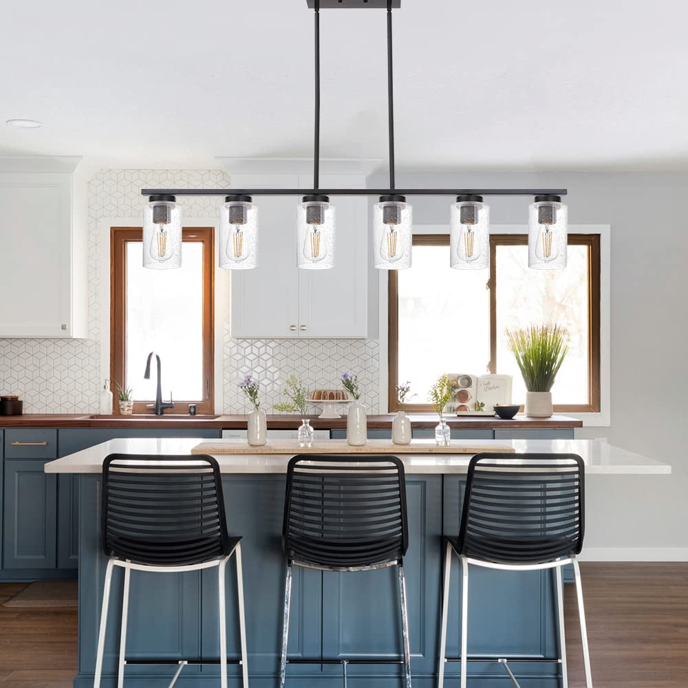 6-Lights Kitchen Island Pendant Light Fixture in Black Finish, Linear Hanging Ceiling Lighting