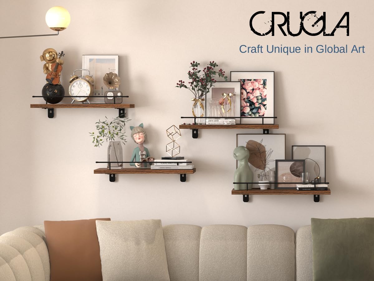 CRUGLA Floating Shelves Wall Set of 4, Hanging Storage Wall Shelf with Metal Guardrail for Bathroom, Kitchen, Bedroom, Living Room