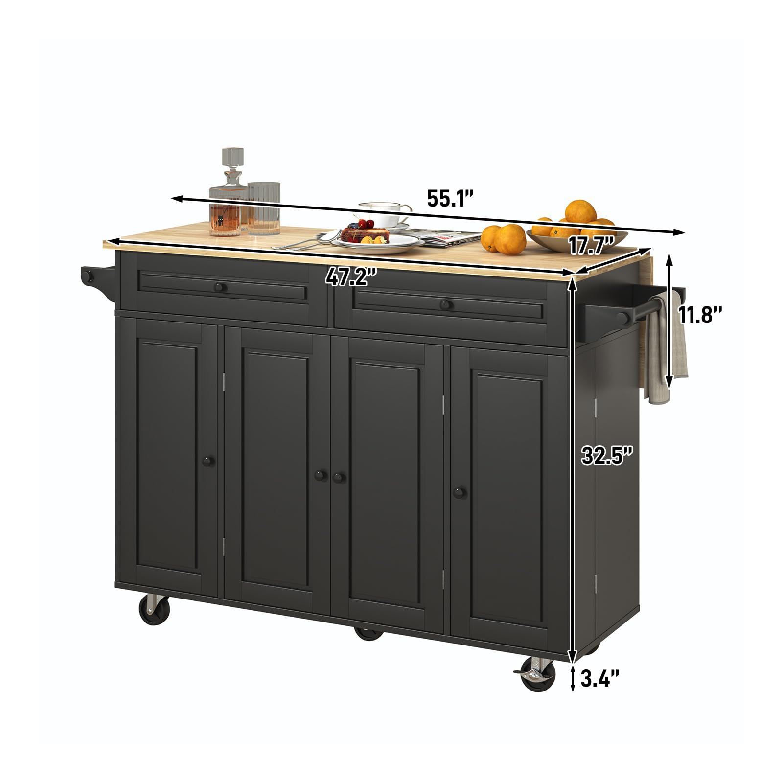 55" Kitchen Cart with Wood Top and Drop Leaf Breakfast Bar
