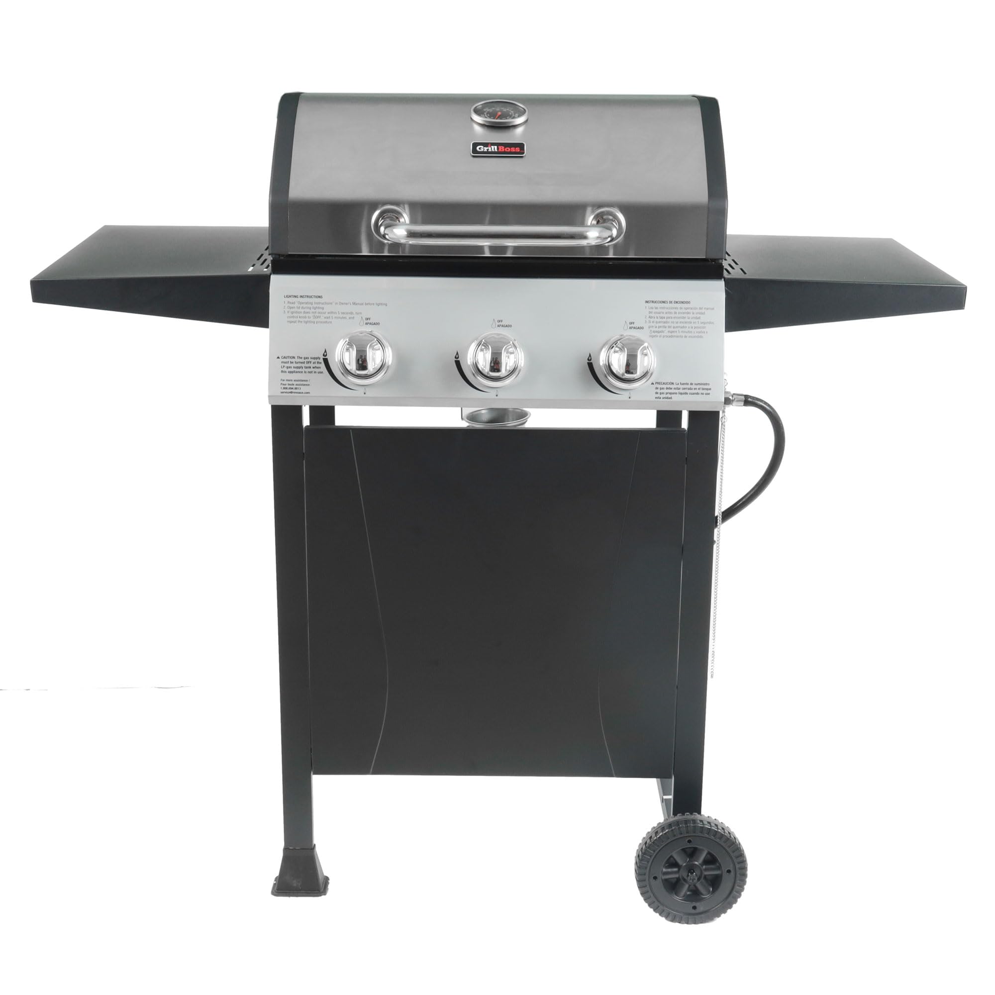 3 Burner Propane Gas Grill, Portable BBQ w/Lid, Wheels & Side Shelves
