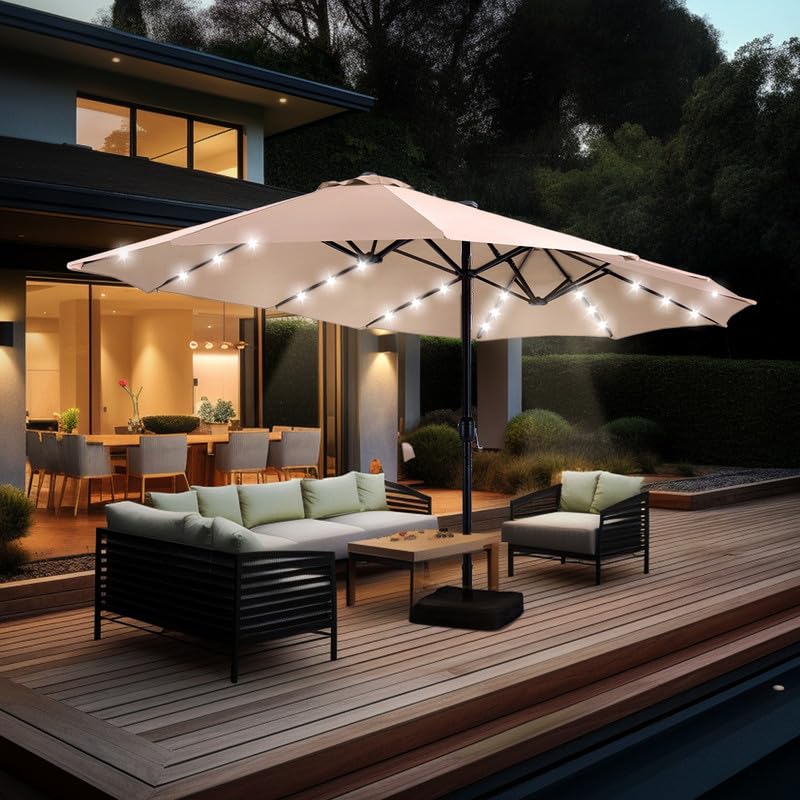 15 ft Rectangle Patio Umbrella with Solar Lights and Base Included