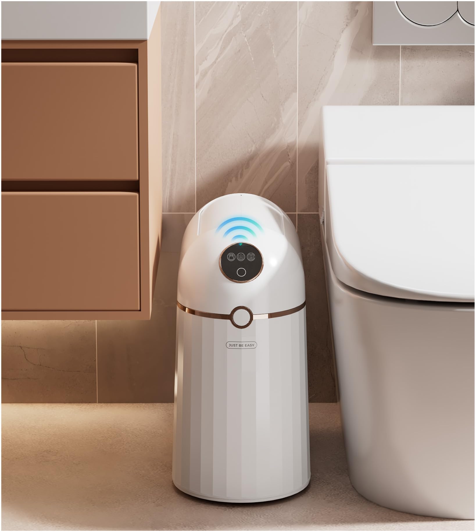 JustBeEasy Bathroom Automatic Touchless Trash Can, Self Sealing and Self Changing, Smart Motion Sensor Trash Can with Lid, 2.7 Gallon Waterproof Small Bedroom Garbage Can