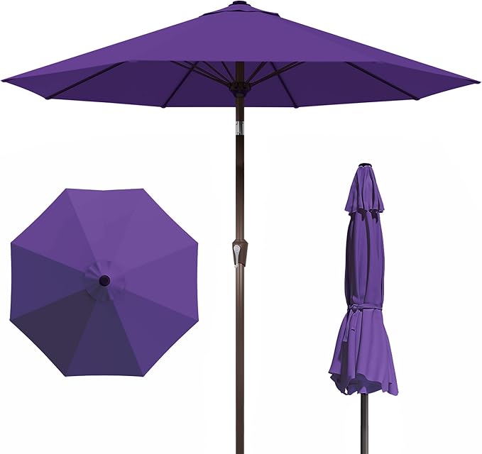 9FT Patio Umbrella Outdoor with Auto-Tilt Crank & 8 Sturdy Fiberglass Ribs