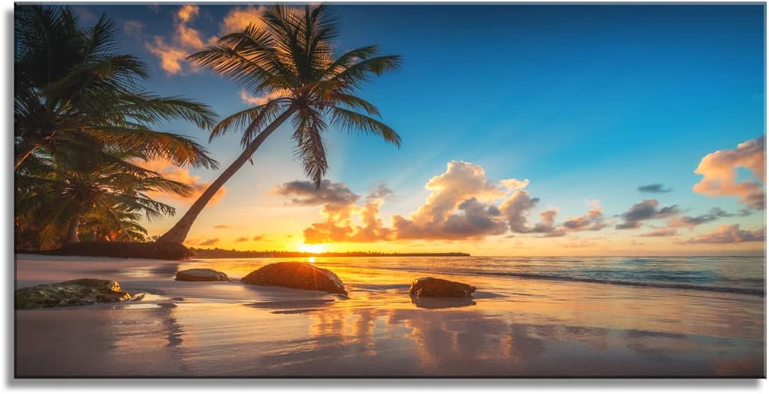 Wall Art Canvas Painting Sunset on a Tropical Beach with Palm Trees 1 Piece Blue