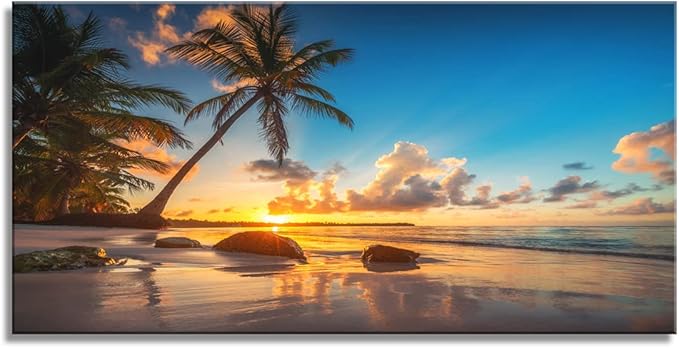 Wall Art Canvas Painting Sunset on a Tropical Beach with Palm Trees 1 Piece Blue