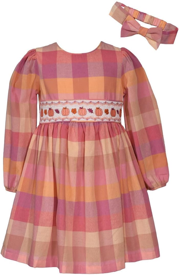 Thanksgiving Dress - Buffalo Check Pumpkin Smocked Dress with Headband for Baby