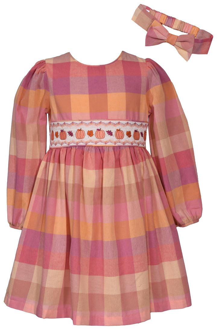 Thanksgiving Dress - Buffalo Check Pumpkin Smocked Dress with Headband for Baby