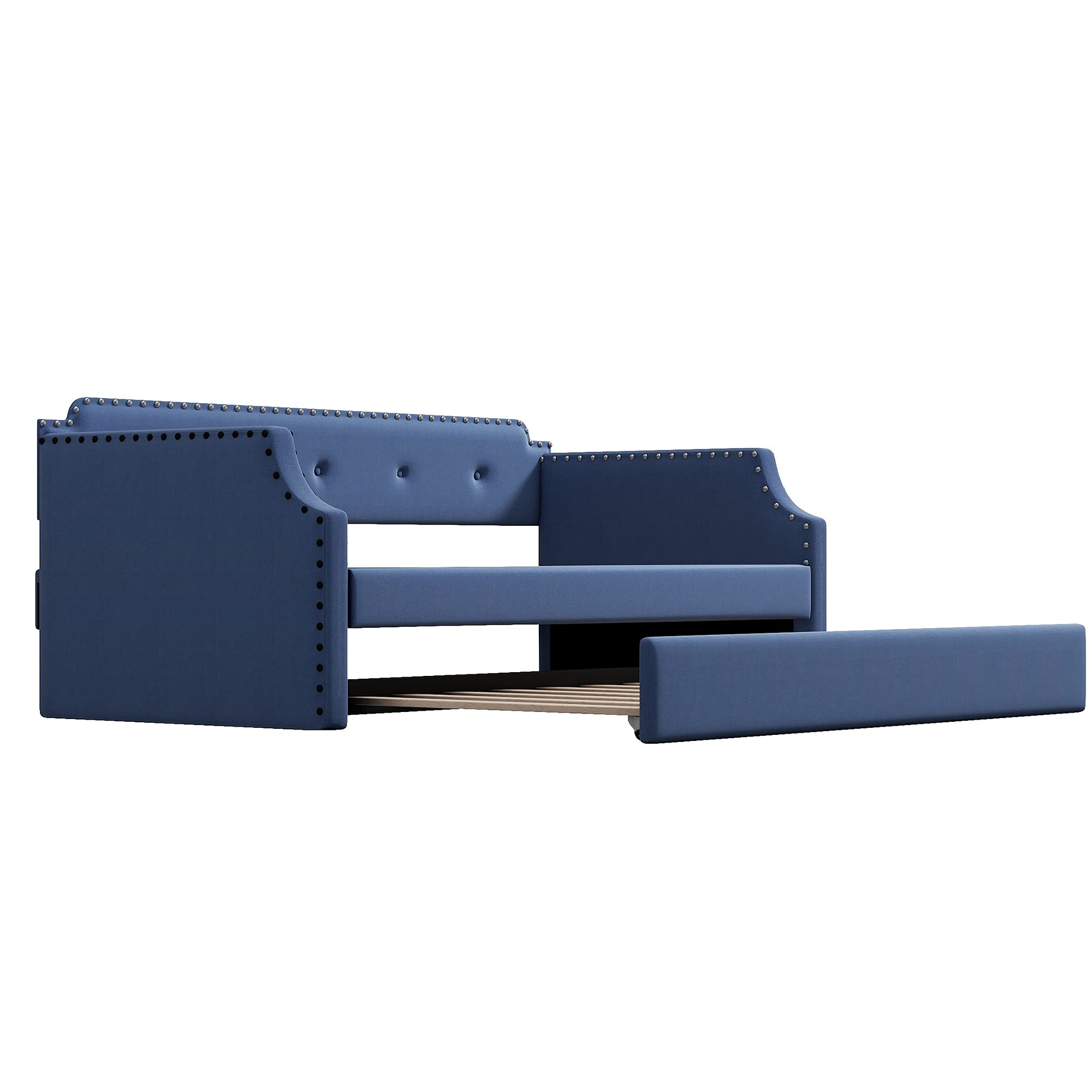 Upholstered Daybed with Trundle, Wood Slat Support,Upholstered Frame Sofa Bed, Twin