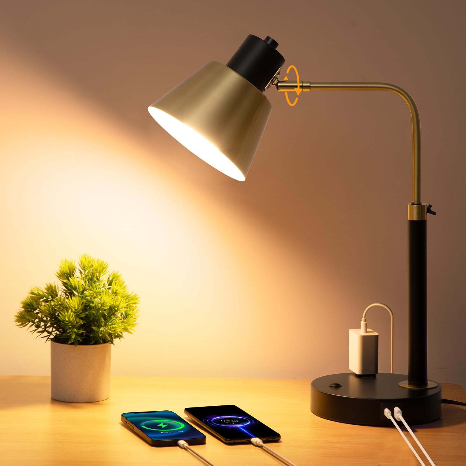 Desk Lamp with USB/Type C Charging Port & AC Outlet, Easy Assembly Heavy Base