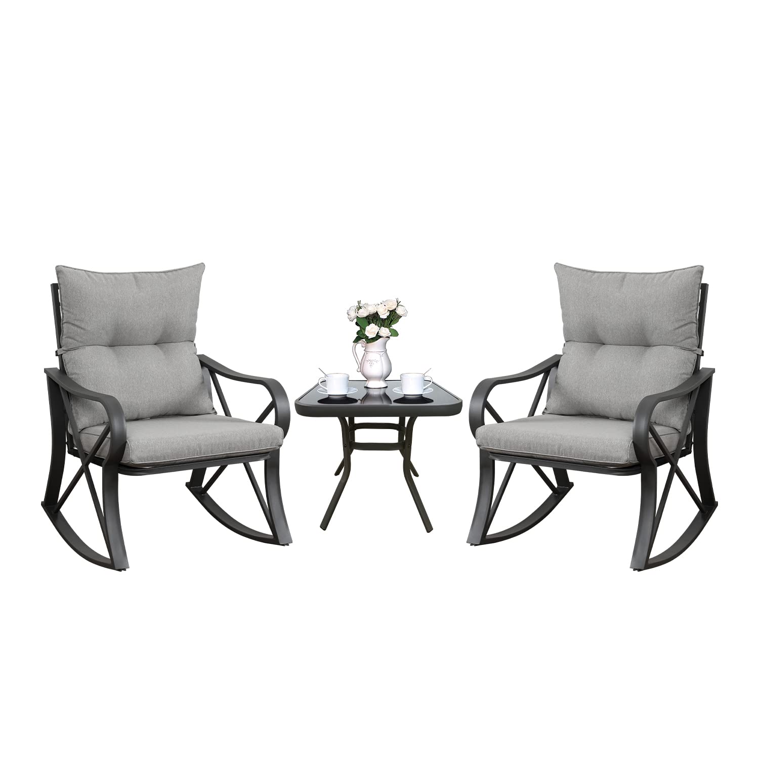 3 Piece Bistro Set Patio Rocking Chairs Outdoor Furniture w Warm Gray Cushions