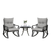 3 Piece Bistro Set Patio Rocking Chairs Outdoor Furniture w Warm Gray Cushions