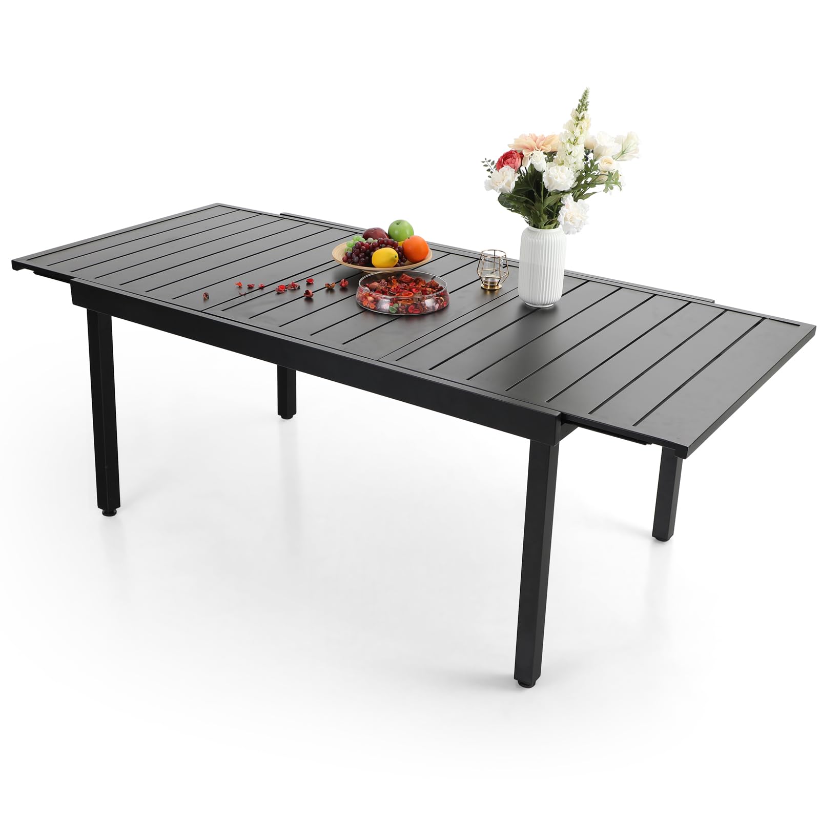 Black Expandable Patio Dining Tables Metal Outdoor Table for 6-8 Person