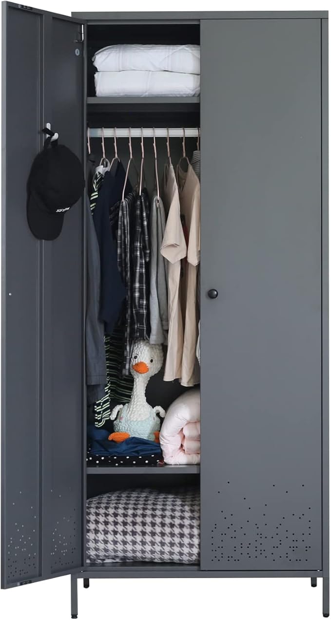 Bedroom Armoires, Metal Wardrobe Closet with Hanging Rod