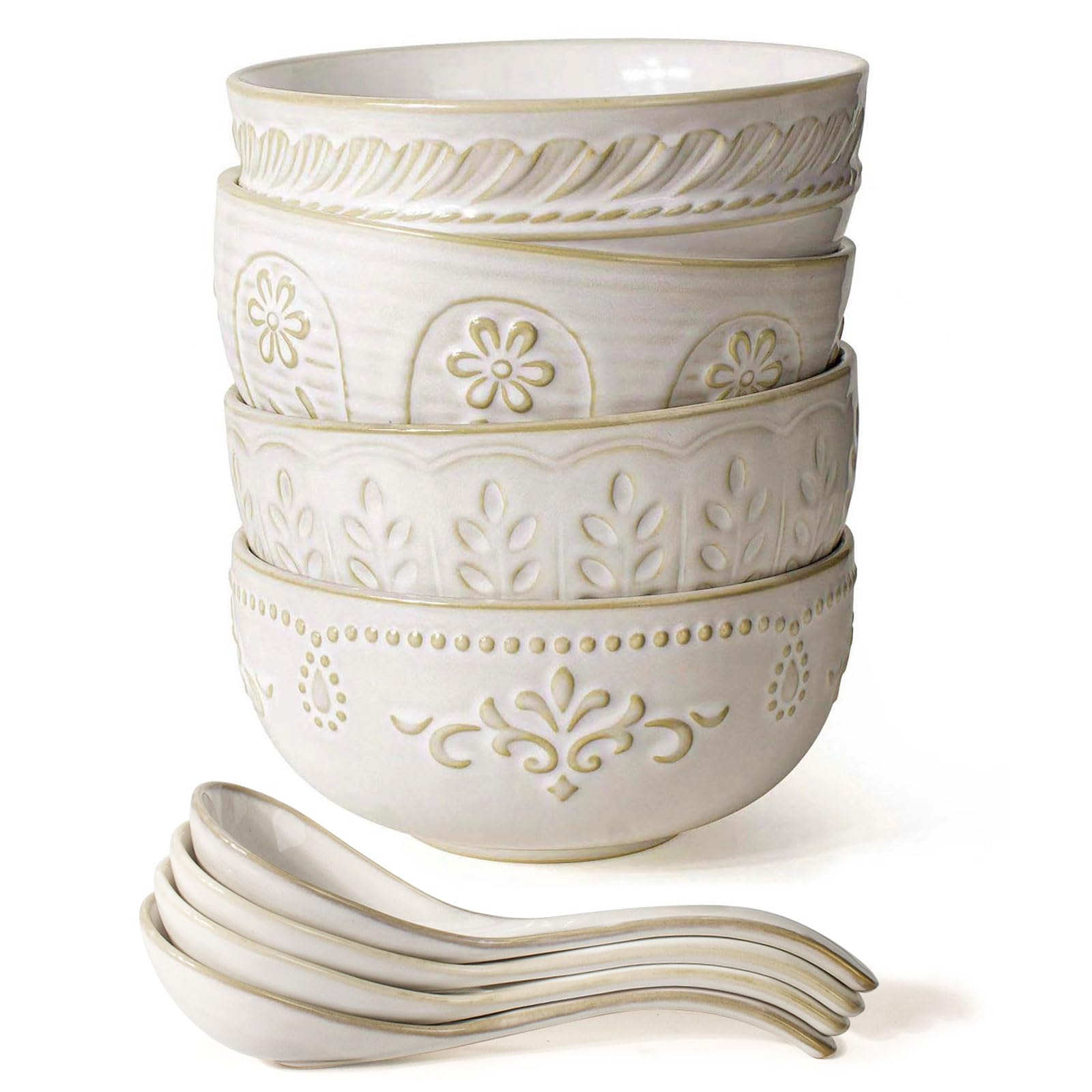 Soup Bowls 32 OZ, Cereal Bowls & Soup Spoons, Embossed Ceramic Pho Bowl
