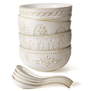 Soup Bowls 32 OZ, Cereal Bowls & Soup Spoons, Embossed Ceramic Pho Bowl