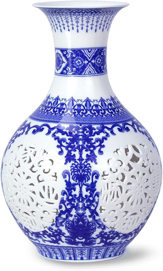 Blue and White Vase, Handmade Chinese Porcelain Flower Vase, Hollow Carved