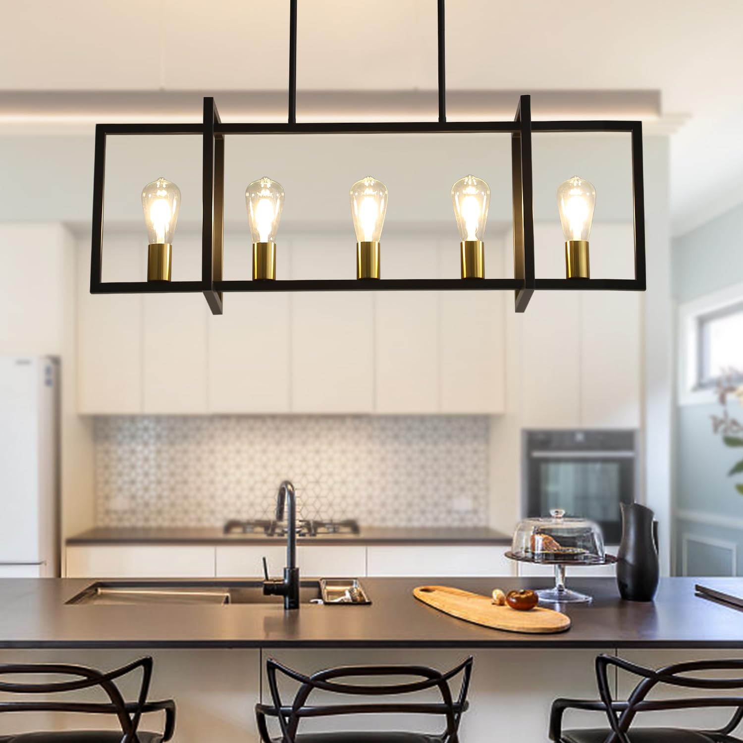 5-Lights Modern Kitchen Island Light Matte Black Industrial Linear Hanging Lamp
