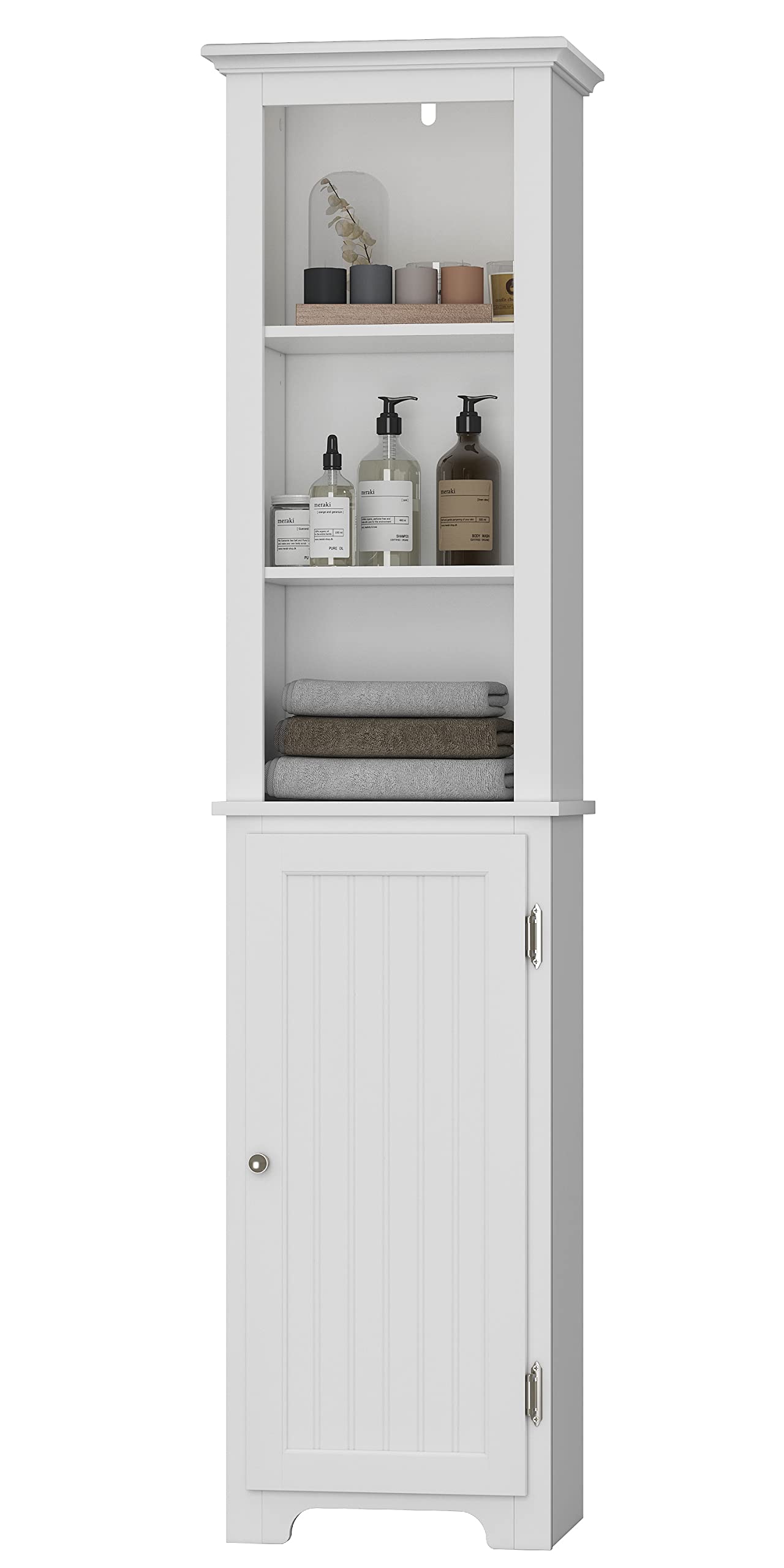 64" Freestanding Storage Cabinet, Bathroom Tall Silm Cabinet with Doors and Adjustable