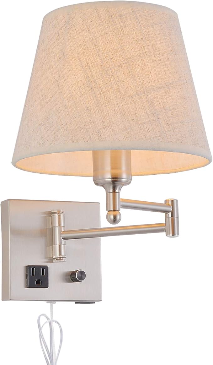 Wall Mount Light with Dimmable Switch, Swing Arm Fabric Shade Wall Sconce