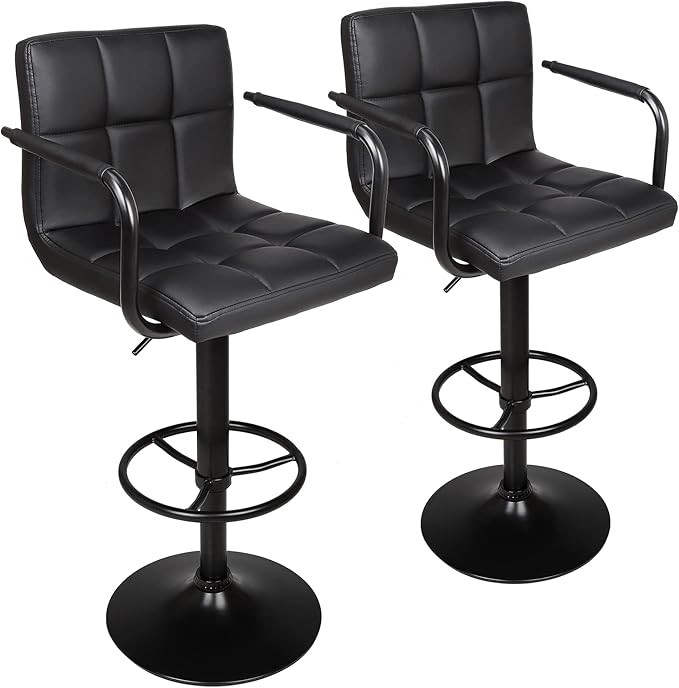 Adjustable Bar Stools with Armrest, Square Back Swivel Double Stitching