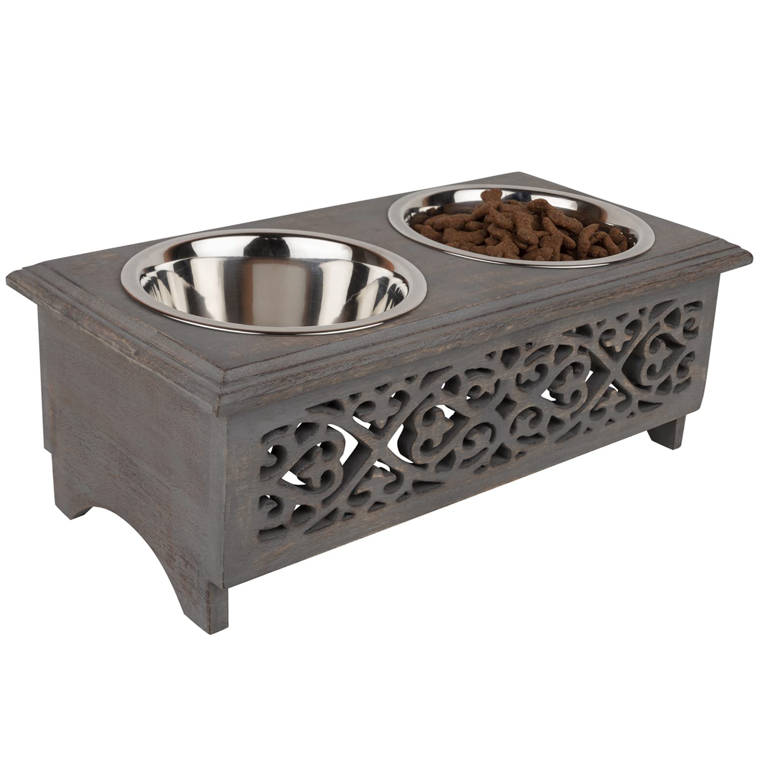 Raised Dog Bowls for Small Dogs | Elegant Farmhouse Grey Washed Elevated Wooden