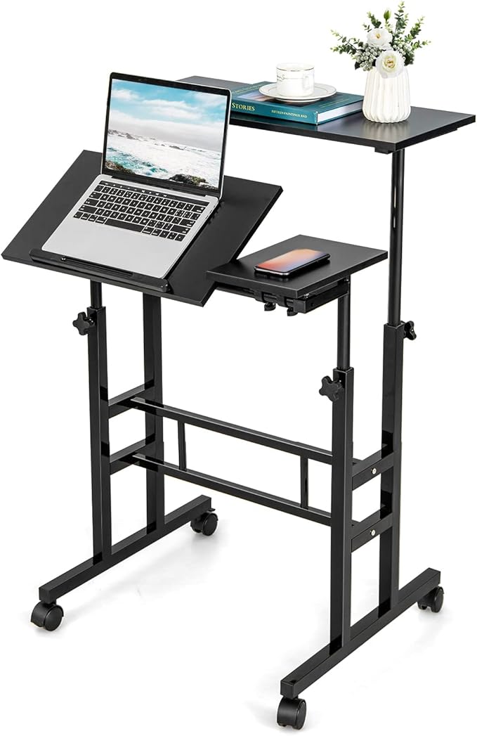 Height Adjustable Home Office Desk with Standing & Seating 2 Modes