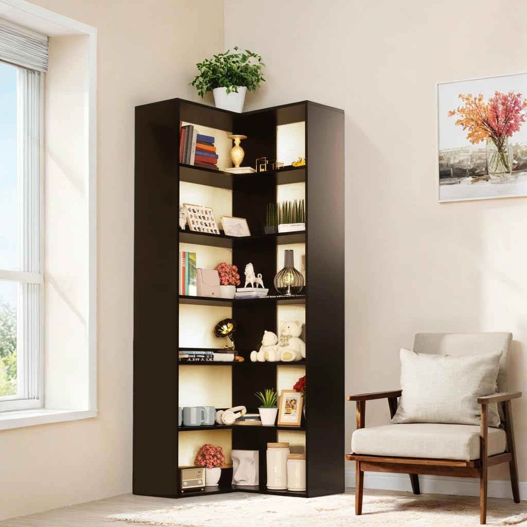 71" Tall Black Corner Bookshelf, 6 Tier L-Shape Corner Shelf Stand