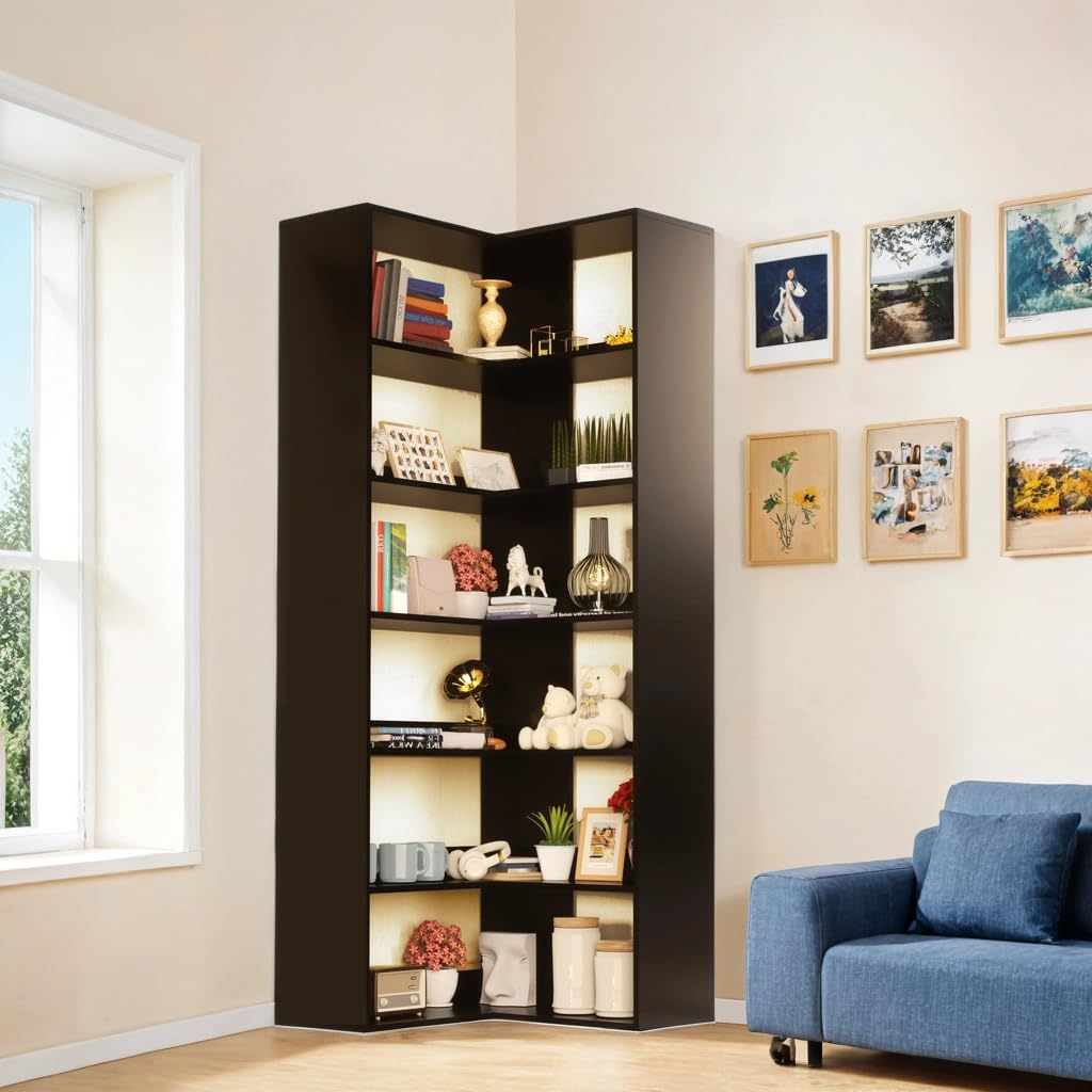 71" Tall Black Corner Bookshelf, 6 Tier L-Shape Corner Shelf Stand