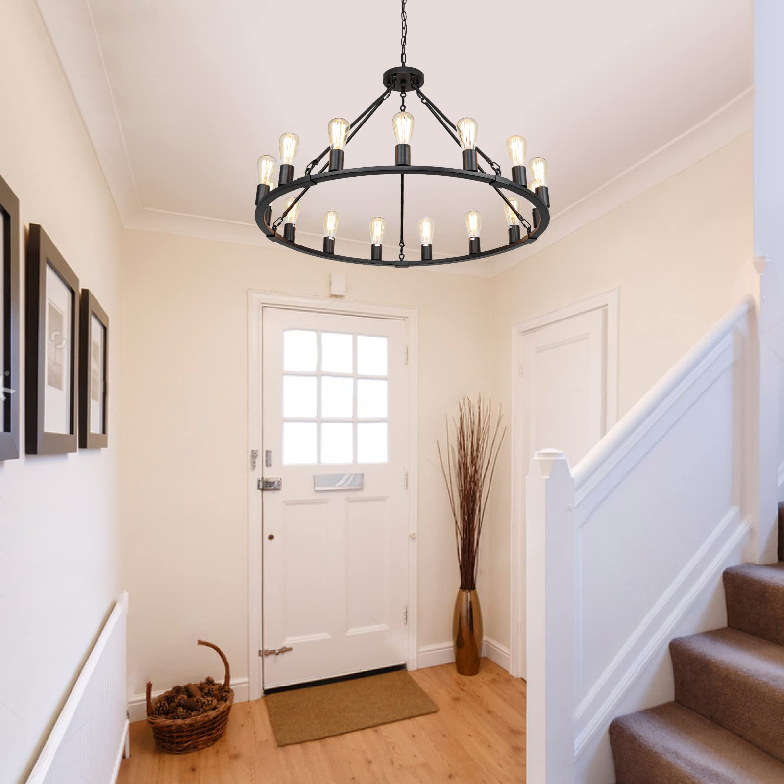 Wagon Wheel Chandelier, 15 Light Black Farmhouse Chandeliers for Dining Room