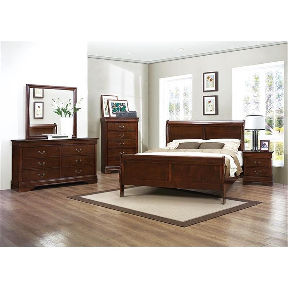 Traditional Engineered Wood Queen Sleigh Bed in Brown Cherry,Bed Frames