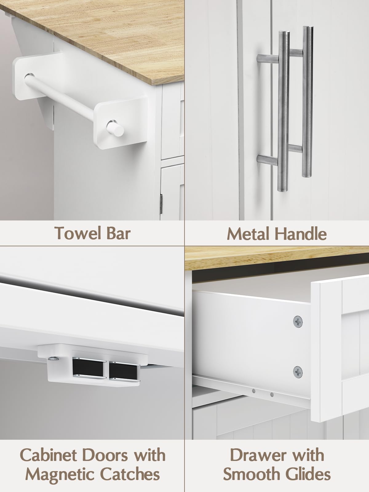 OtterOasis Kitchen Island with Storage, 31.5" D Rolling Kitchen Island Cart on Wheels with Widen Drop Leaf Rubberwood Top, Large Mobile Kitchen Island with Trash Can Storage and Towel Bar, White