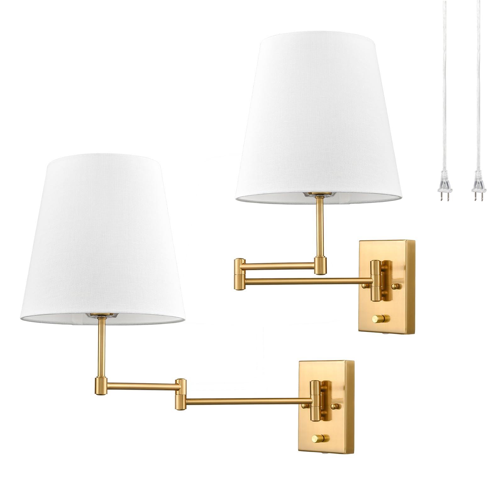 Swing Arm Wall Lamp Brass Wall Sconces with Linen Shade | Plug-in or Hardwired