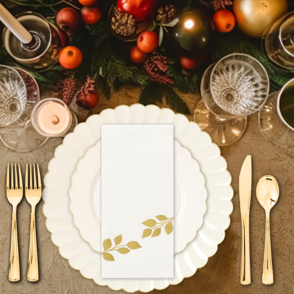 HEAVYWEIGHT 100 Pc Ivory Scalloped Plastic Plates with Gold Trim
