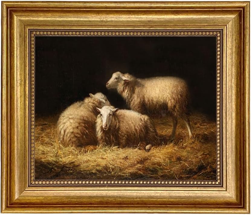 Albert Smets Sheep in the Hay 8 x 10” Oil Painting Print on Canvas Rustic Frame Home Wall