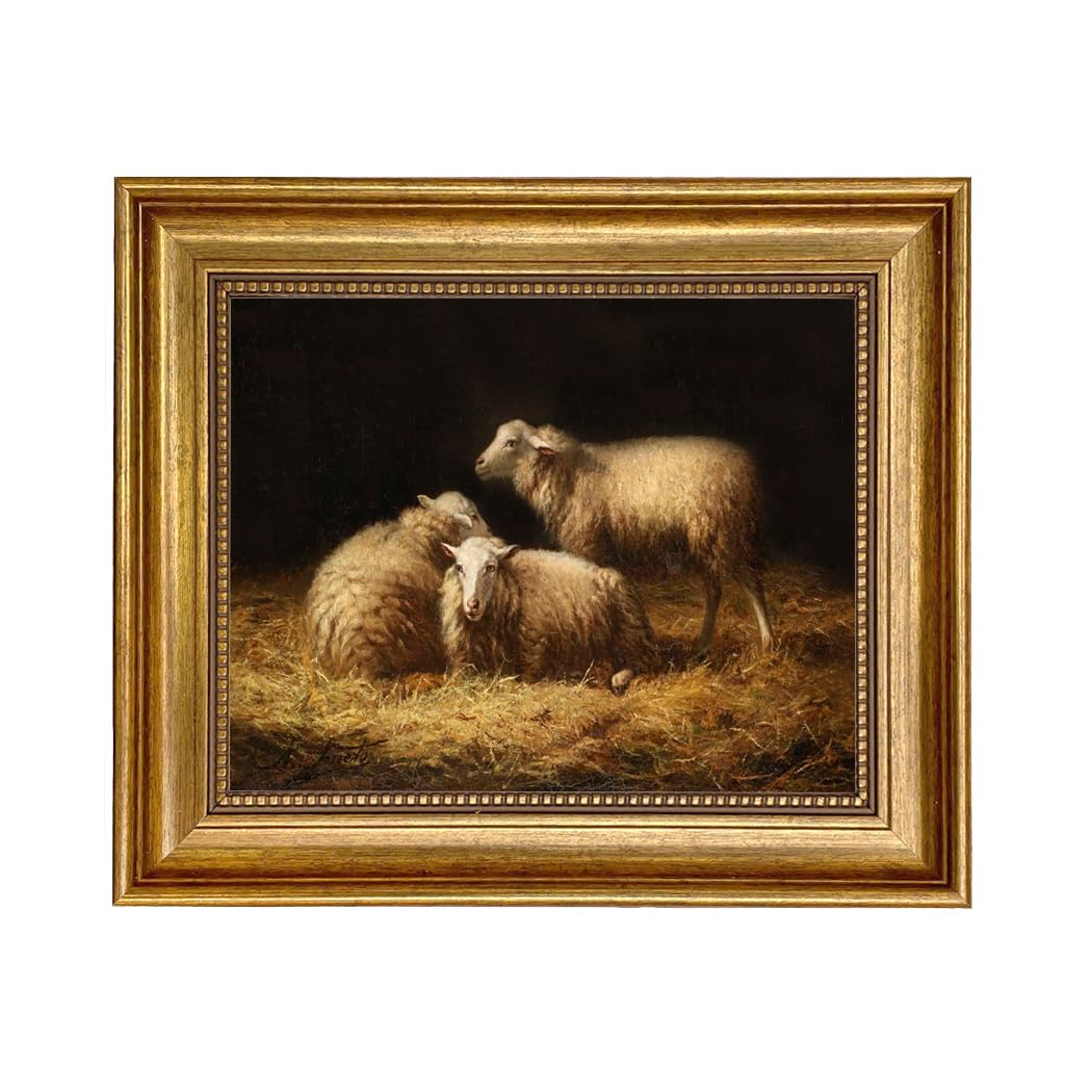 Albert Smets Sheep in the Hay 8 x 10” Oil Painting Print on Canvas Rustic Frame Home Wall