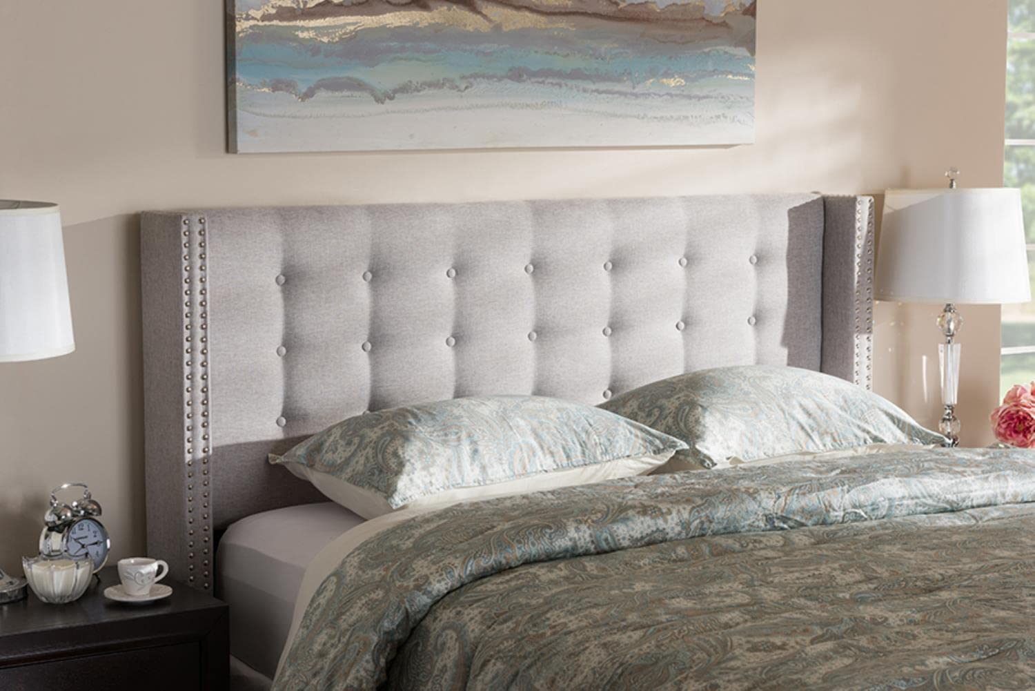 Modern and Contemporary Greyish Beige Fabric Button-Tufted Nail Head Queen Size