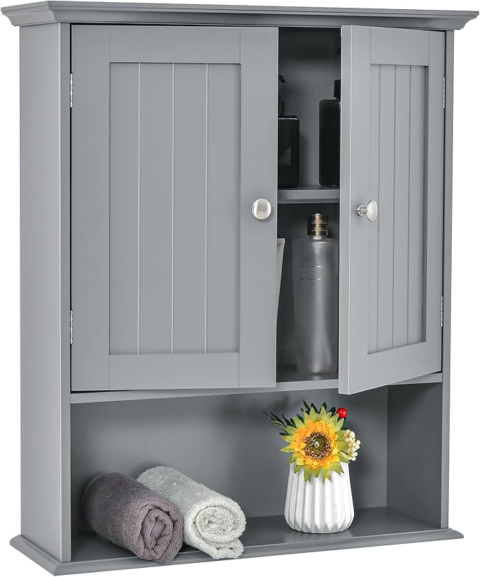 Bathroom Wall Cabinet, Wooden Hanging Storage with Doors & Shelves