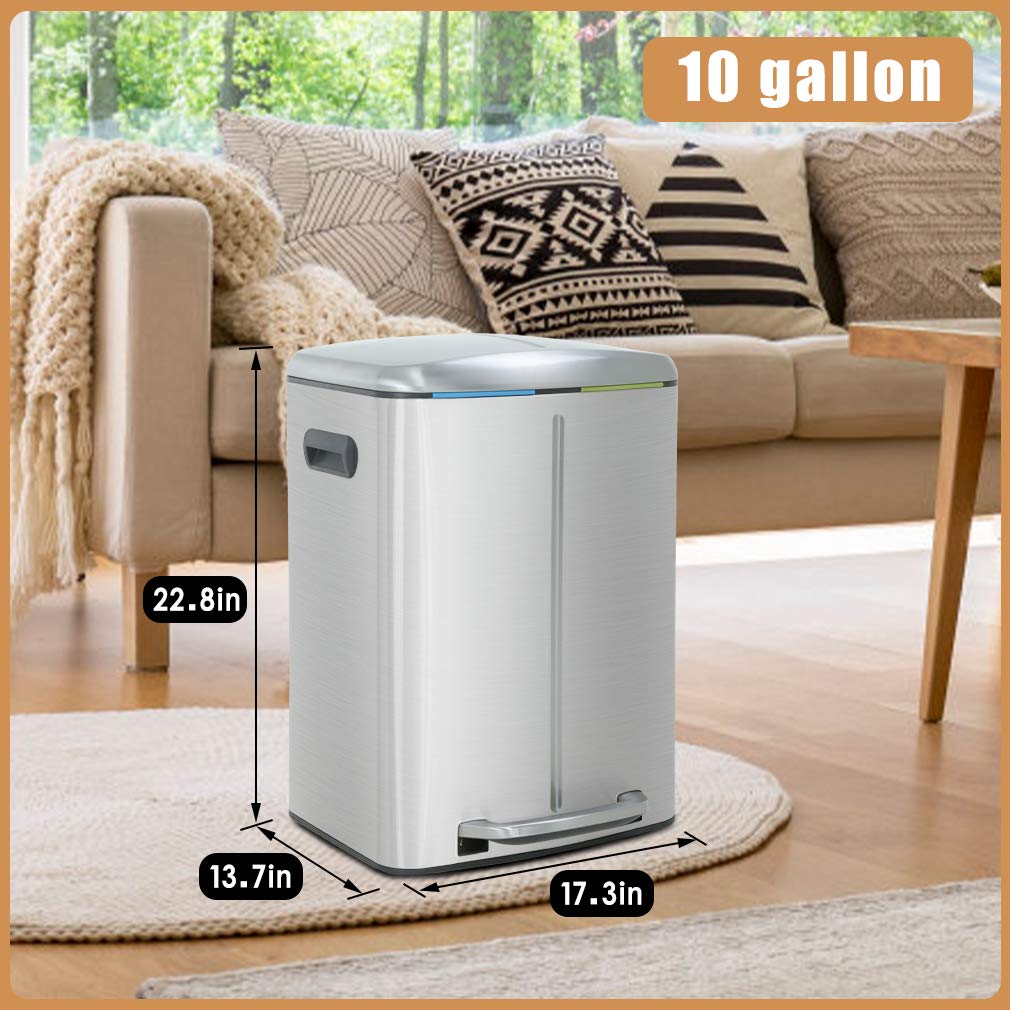 Kitchen Trash Can with Lid for Office Bedroom Bathroom Step Trash Bin Fingerprint-Proof Brushed Stainless Steel Trash Can 10 Gallon/ 40L