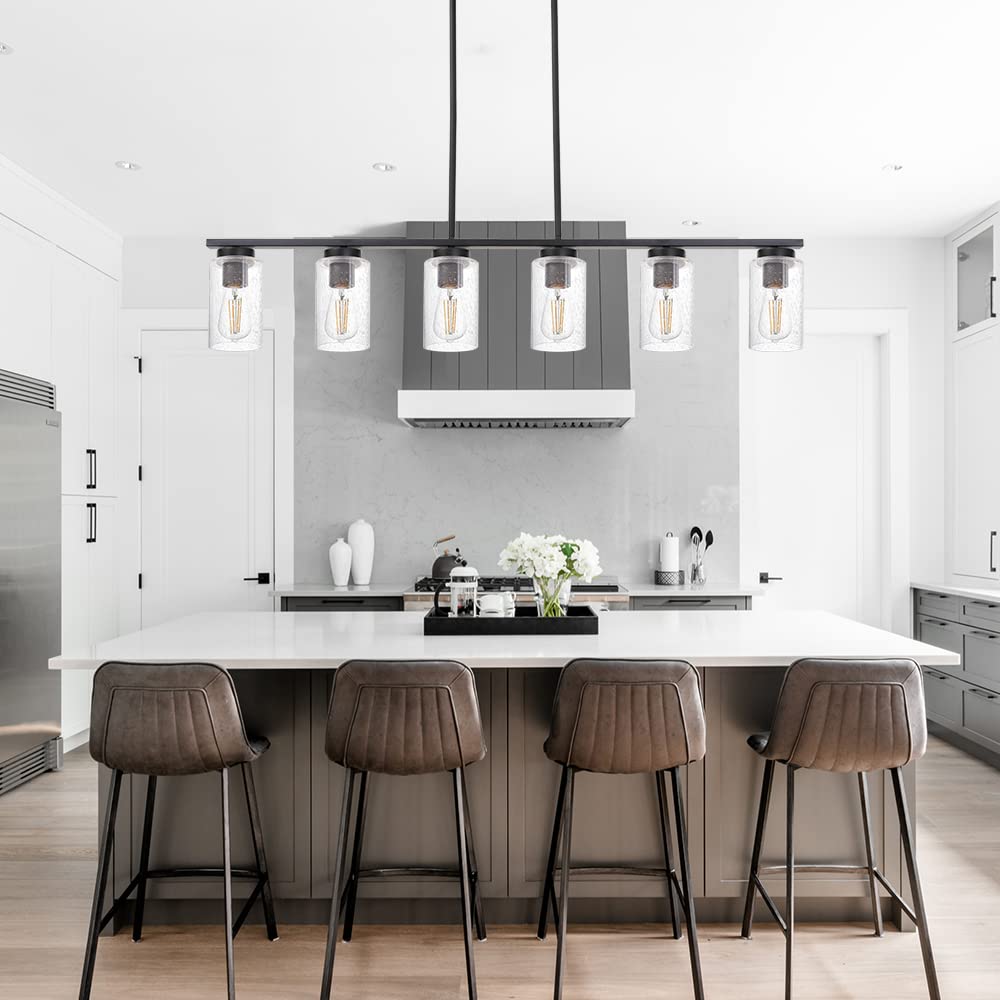 6-Lights Kitchen Island Pendant Light Fixture in Black Finish, Linear Hanging Ceiling Lighting