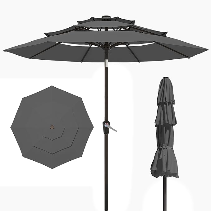 9FT 3 Tiers Patio Umbrella,Outdoor Table Market Umbrella with 8 Fiberglass Ribs for Pool