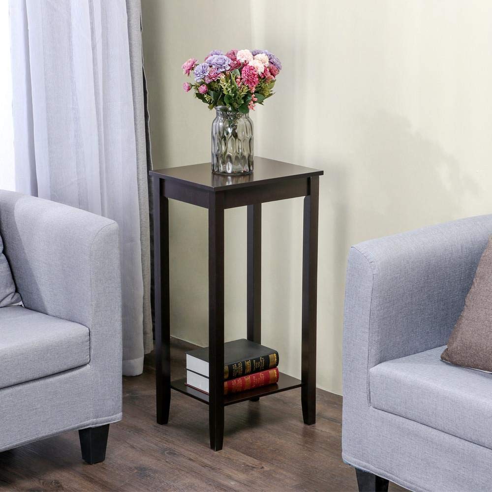2-Tier Tall End Table with Storage Shelf and Solid Wood Legs, Sofa Side Table