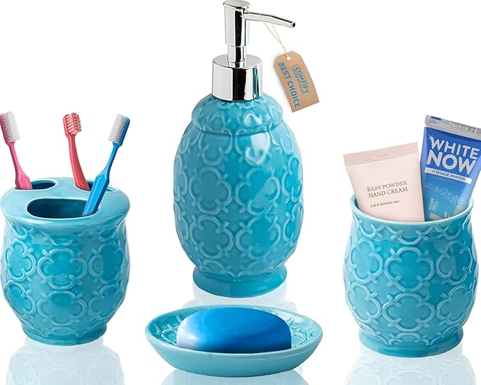 Designer 4-Piece Bathroom Accessory Set – Ceramic Bath Set w/Liquid Soap